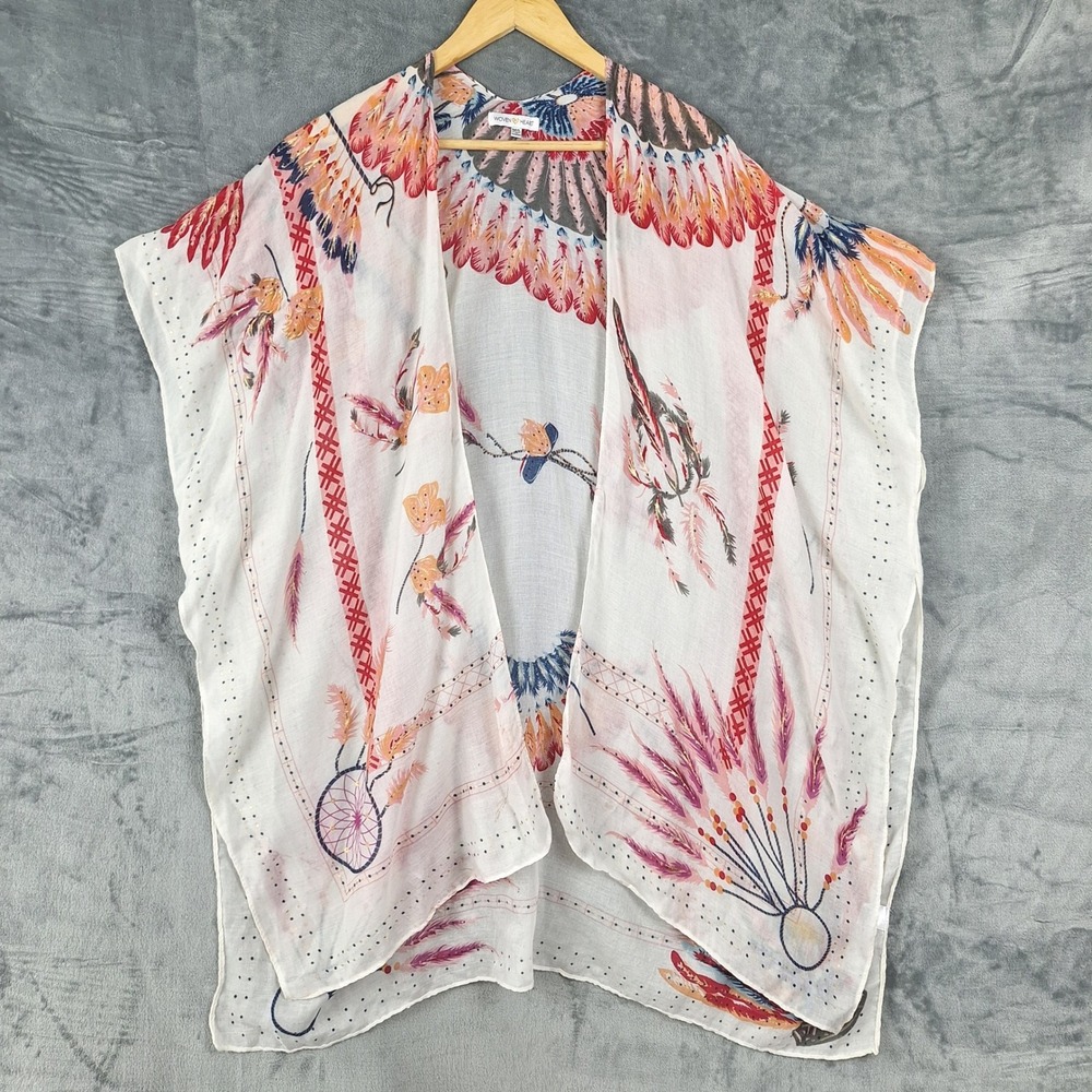 Womens Kimono M/L White Boho Duster Floral Whimsical Coastal Festival Open Front
